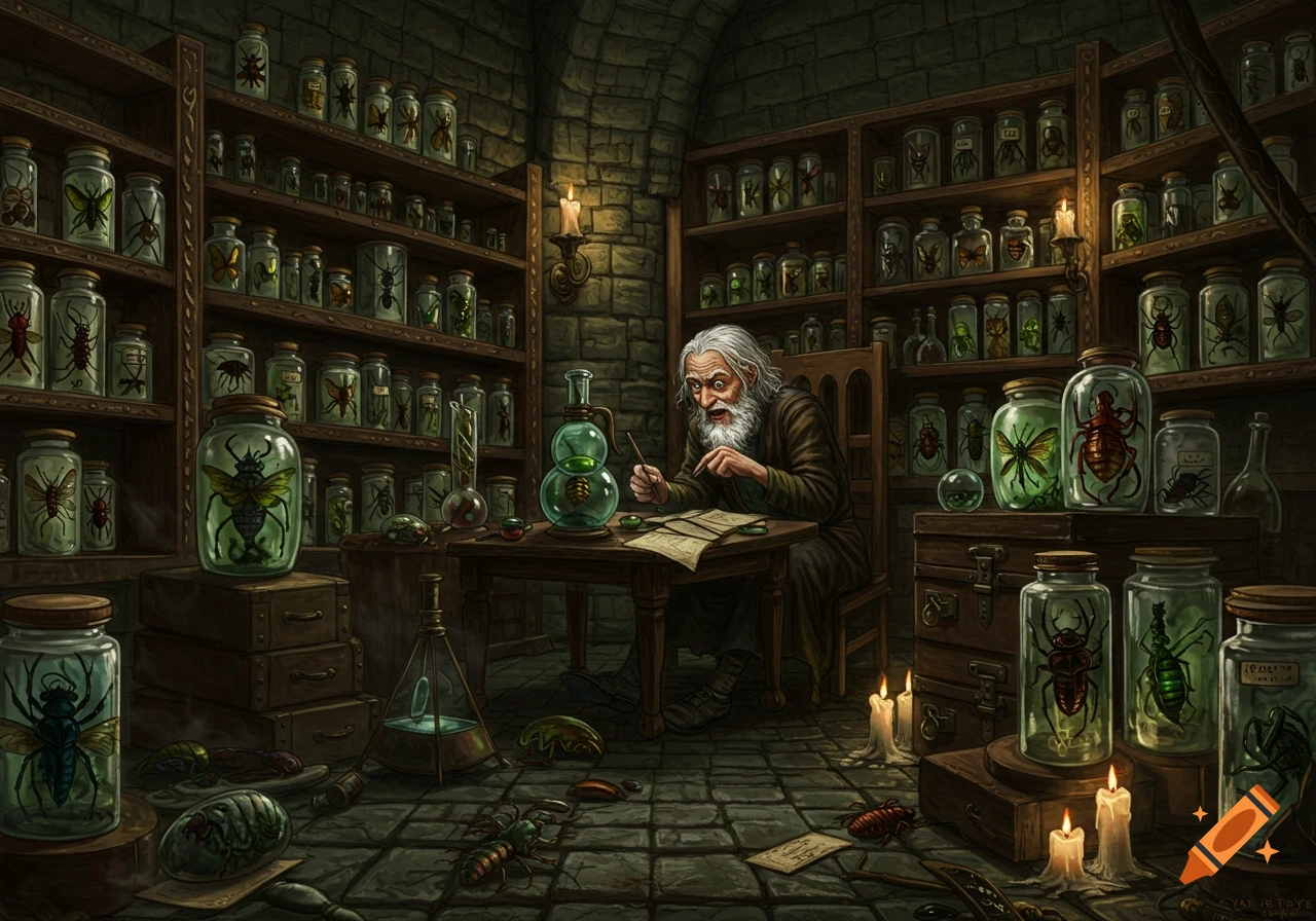 An old, white-bearded man in a dark, stone-walled study filled with shelves of bottled insects, working at a desk.