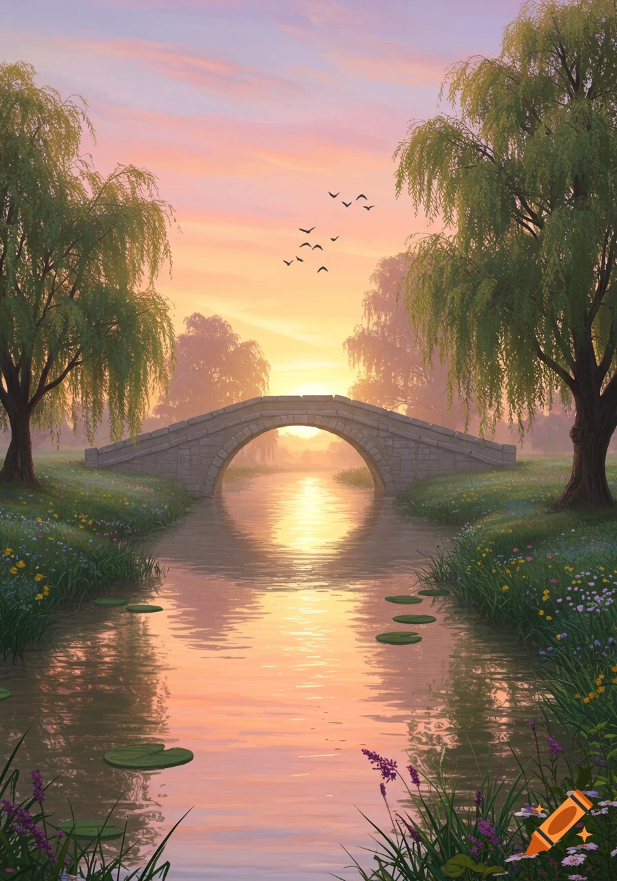 A serene sunset illuminates a stone bridge arching over a tranquil river, flanked by weeping willows and wildflowers.