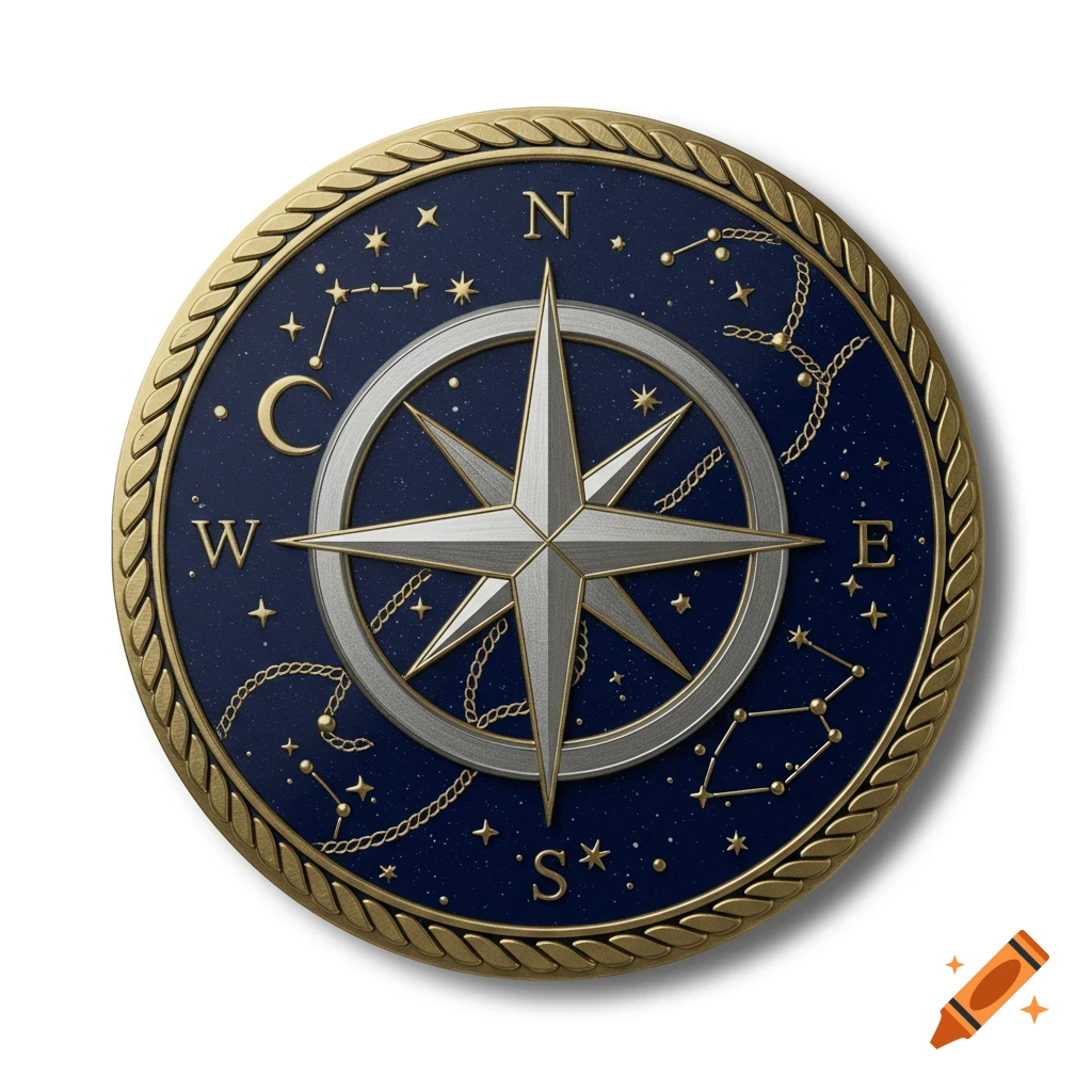 Golden and silver compass badge with a star, constellations, and directions N, E, S, W on a dark blue background.