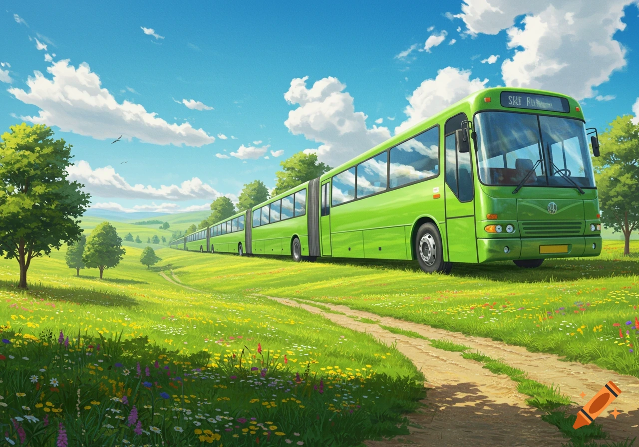 A very long green bus with many articulated sections drives through a lush green field under a blue sky, in an anime style.