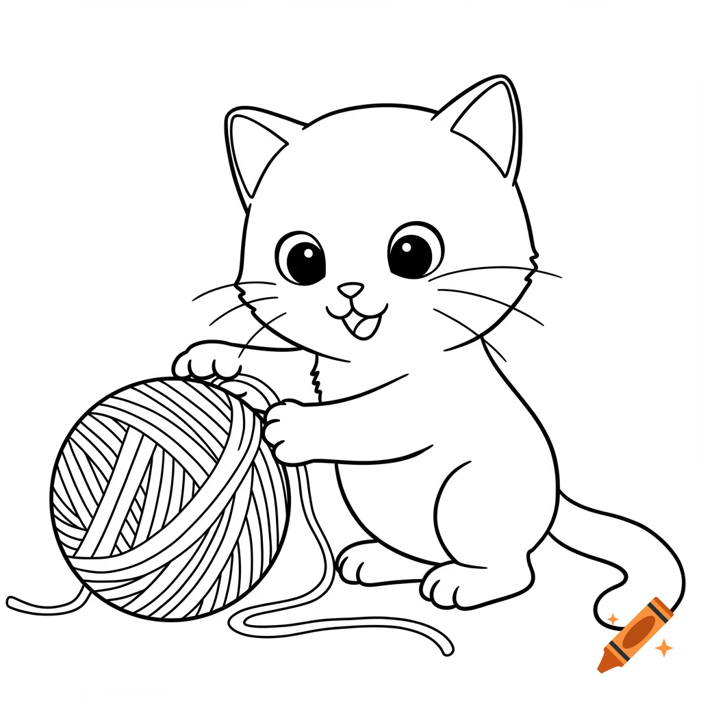 Coloring book page of a cheerful kitten playing with a ball of yarn, simple black and white line art.
