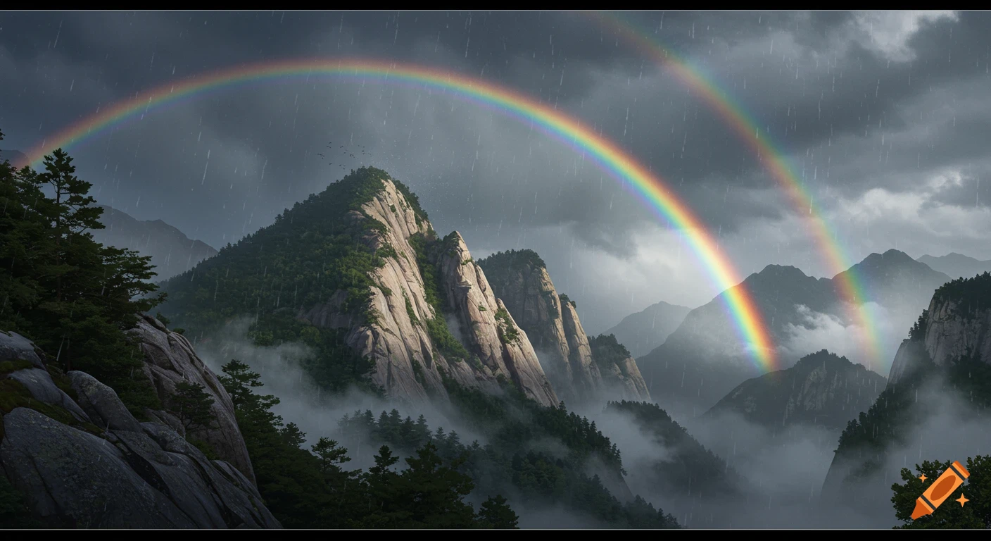 Photorealistic landscape of jagged mountains with mist, rain, and a vibrant double rainbow under a dramatic cloudy sky.