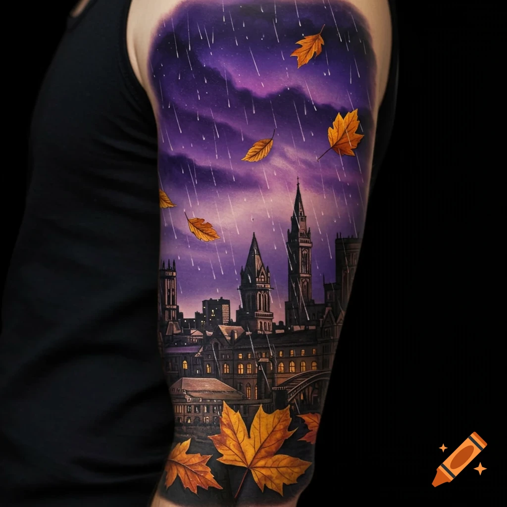 Sleeve tattoo depicting a dark cityscape under a purple, rainy sky with falling autumn leaves.