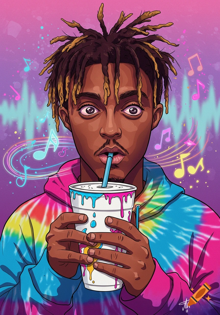 Vibrant cartoon portrait of Juice WRLD in a tie-dye hoodie, sipping from a cup, surrounded by colorful music notes.