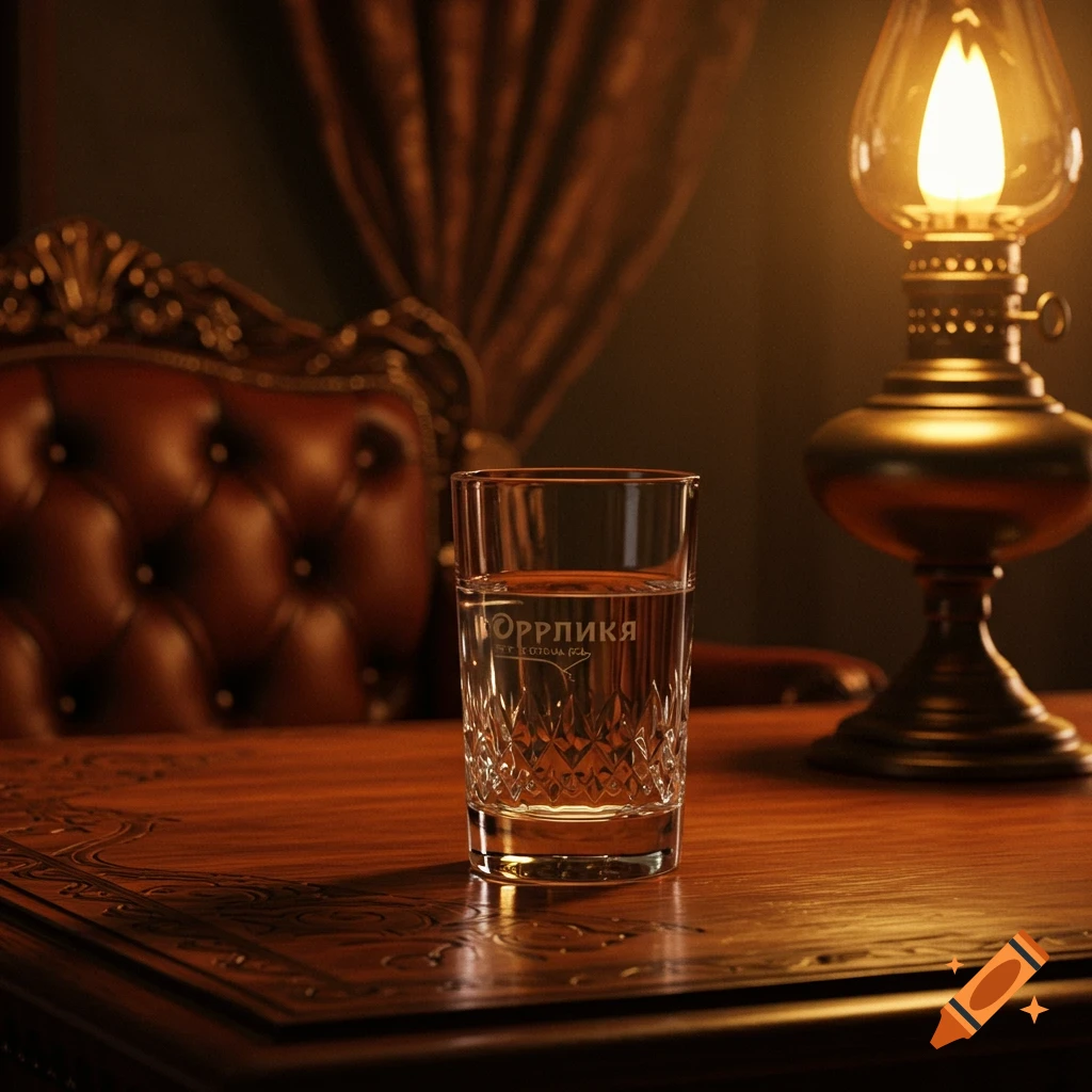 A crystal glass filled with water on a polished wooden table. An ornate brown leather chair and a brass oil lamp with a lit wick are visible in the soft, warm background light.