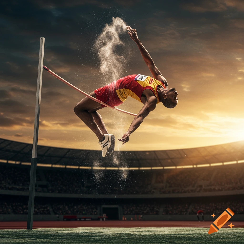 A male high jumper in a red and yellow uniform leaps over the bar at sunset in a stadium.