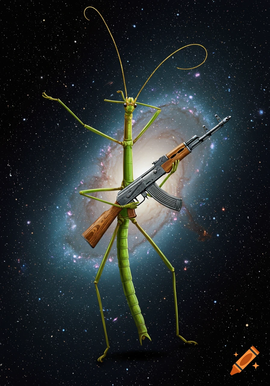 A green stick insect holding an AK-47 rifle in deep space with a galaxy in the background.