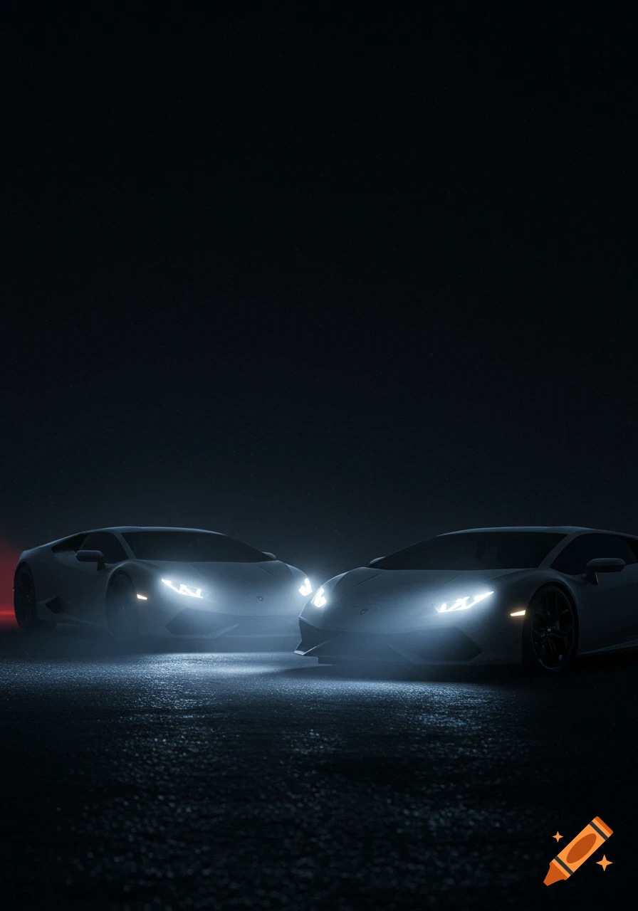 Two white Lamborghini Huracans with bright headlights facing forward on a dark, wet road with mist.
