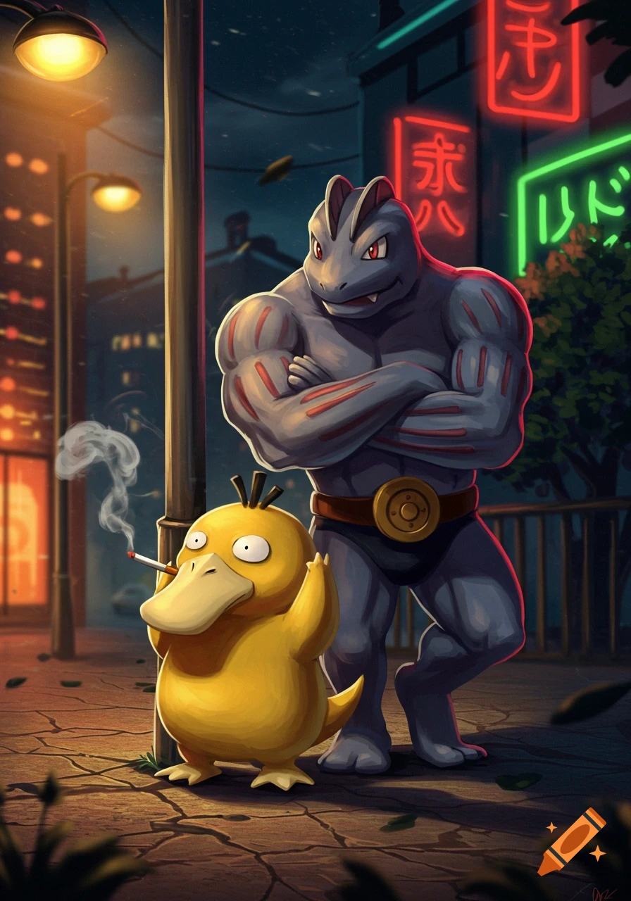 A stylized image of a muscular Machoke standing next to a surprised Psyduck smoking a cigarette, in a neon-lit city street at night.