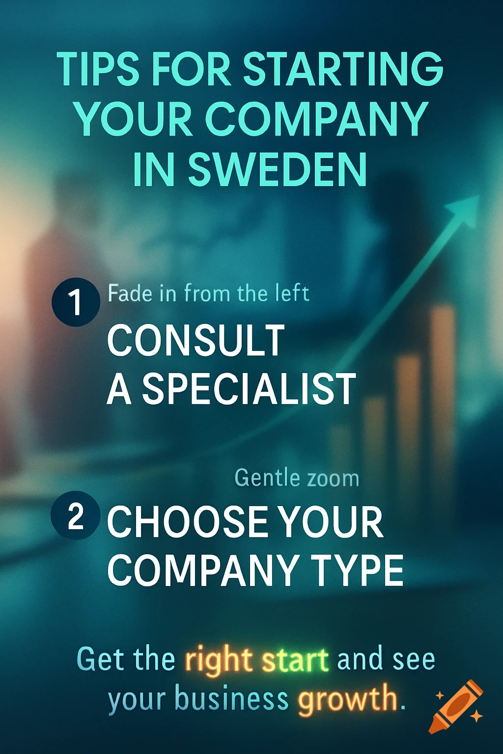 Infographic with tips for starting a company in Sweden, against a blurred background with business figures and charts.