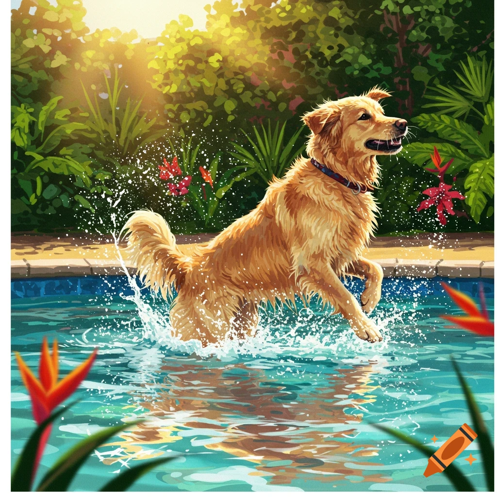 Vibrant illustration of a golden retriever dog splashing in a sunny swimming pool with lush greenery.