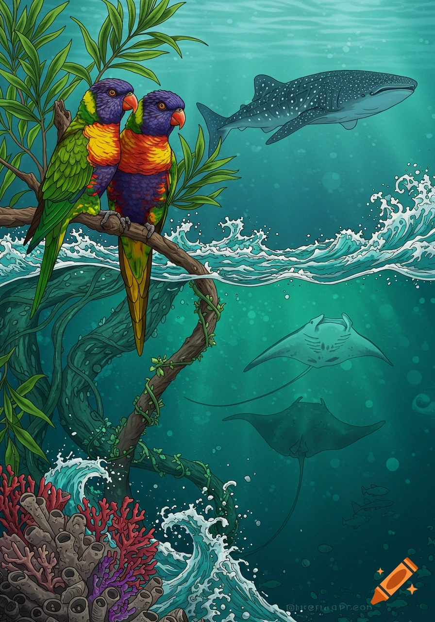 Neo-traditional illustration of two rainbow lorikeets perched on a branch above the ocean, with a whale shark, manta rays, and coral reef below.