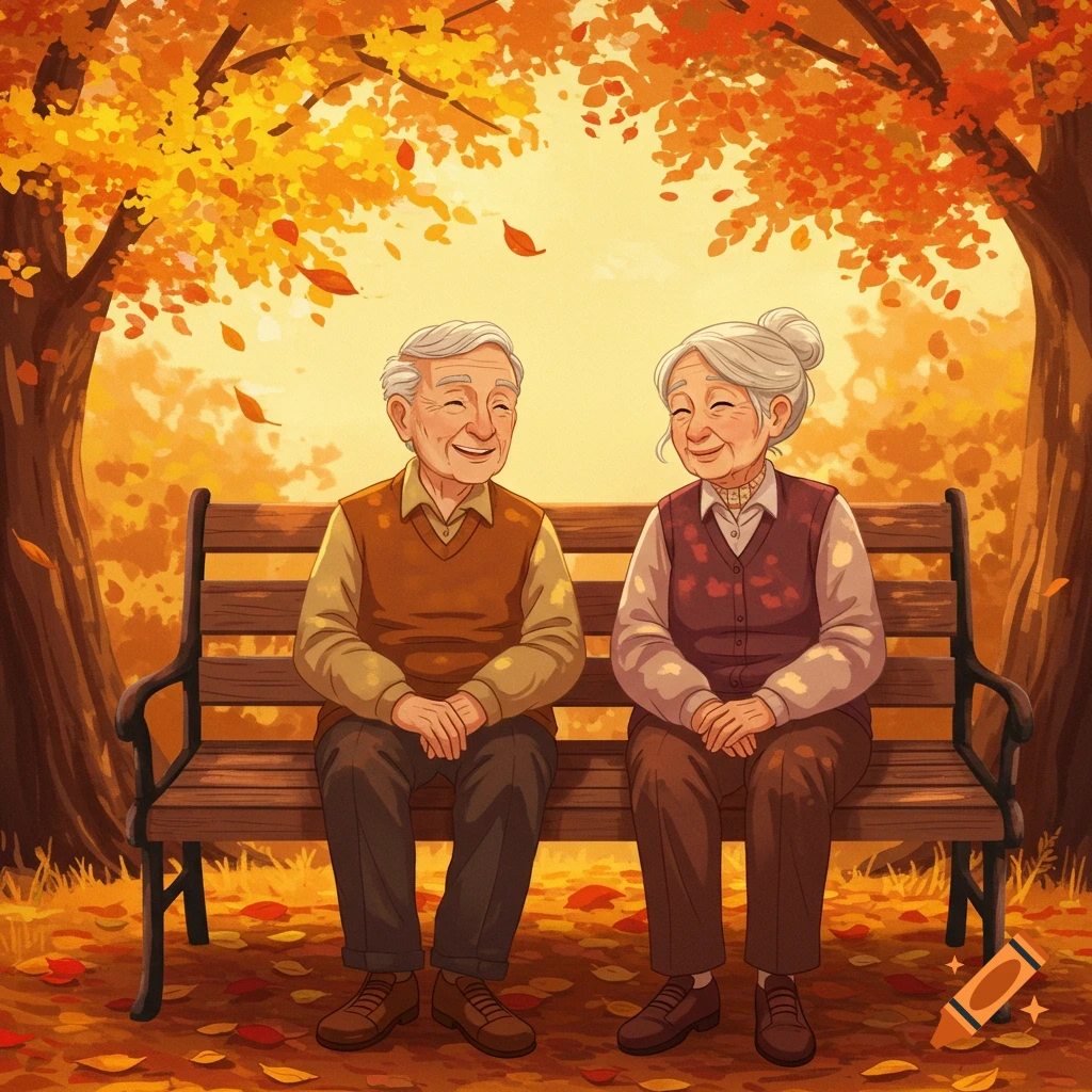 Illustrated elderly couple smiling on a park bench under autumn trees with fallen leaves.
