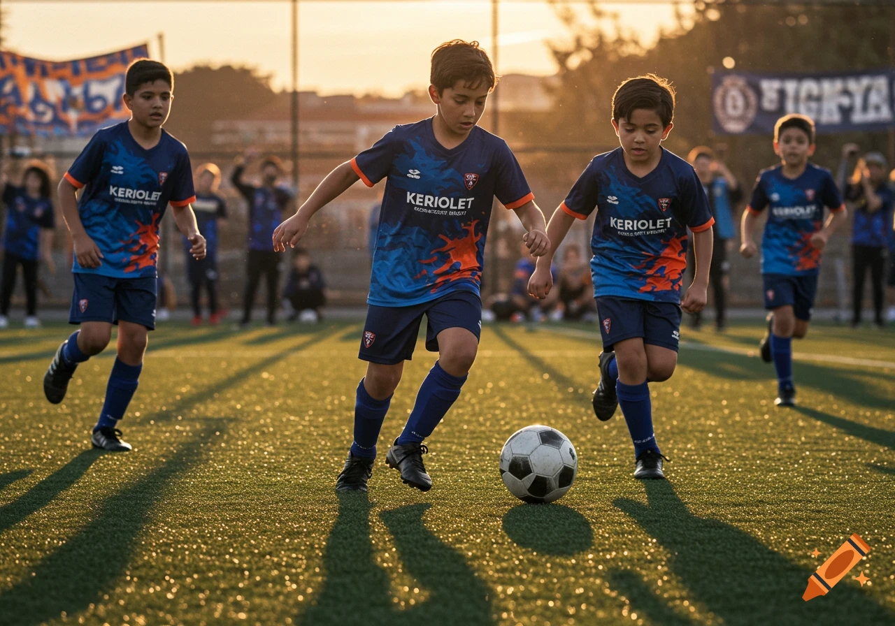 Young boys in blue and orange jerseys playing soccer on a green artificial turf field at sunset, with a soccer ball in the foreground.