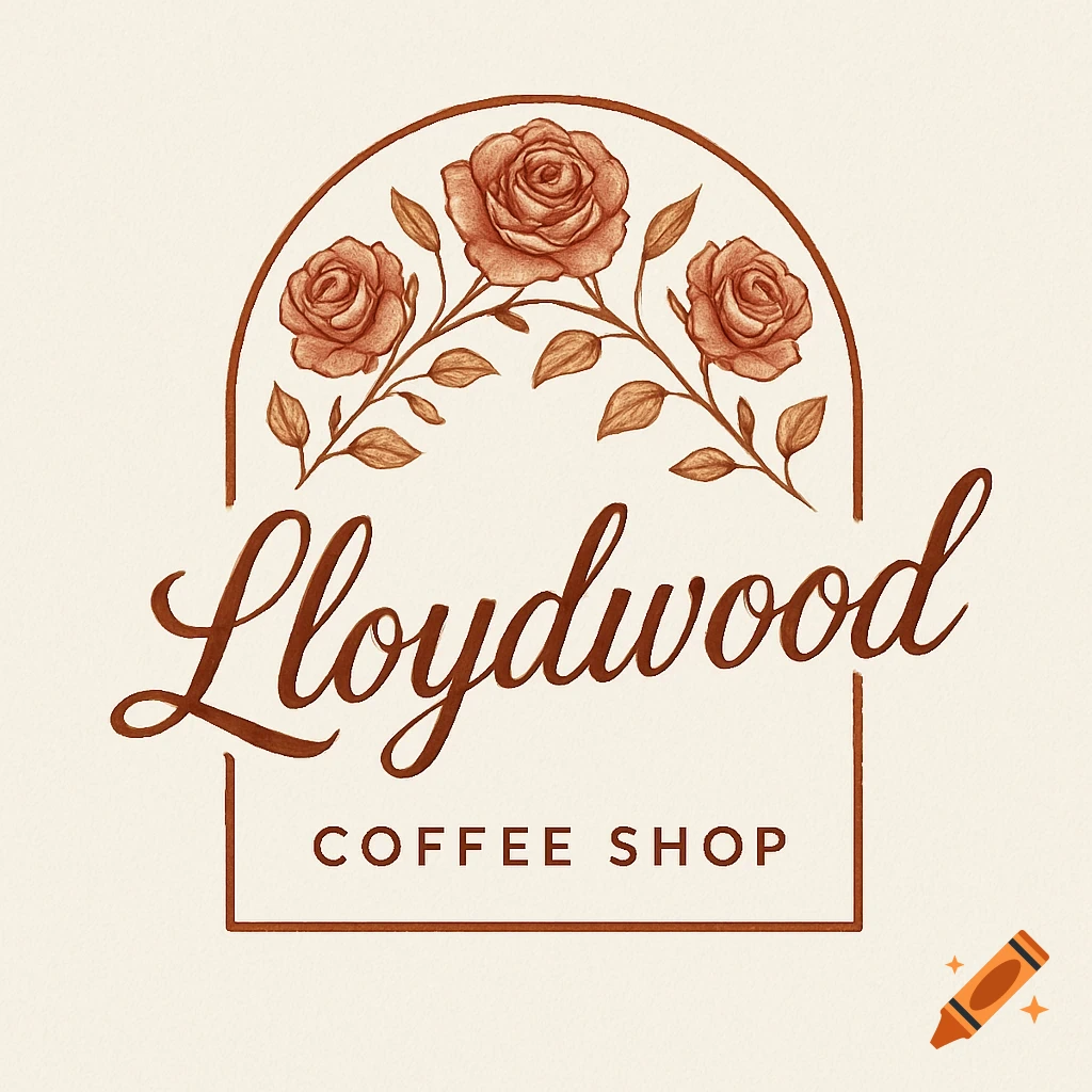 A vintage-style logo for Lloydwood Coffee Shop, featuring an arch of roses and text in brown tones.