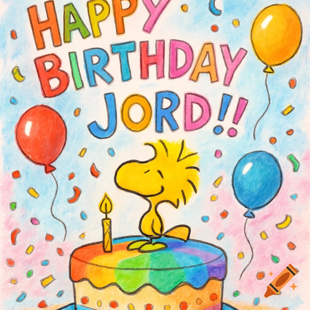 Woodstock from Peanuts on a rainbow birthday cake with balloons, confetti, and 'HAPPY BIRTHDAY JORD!!' in a crayon drawing style.