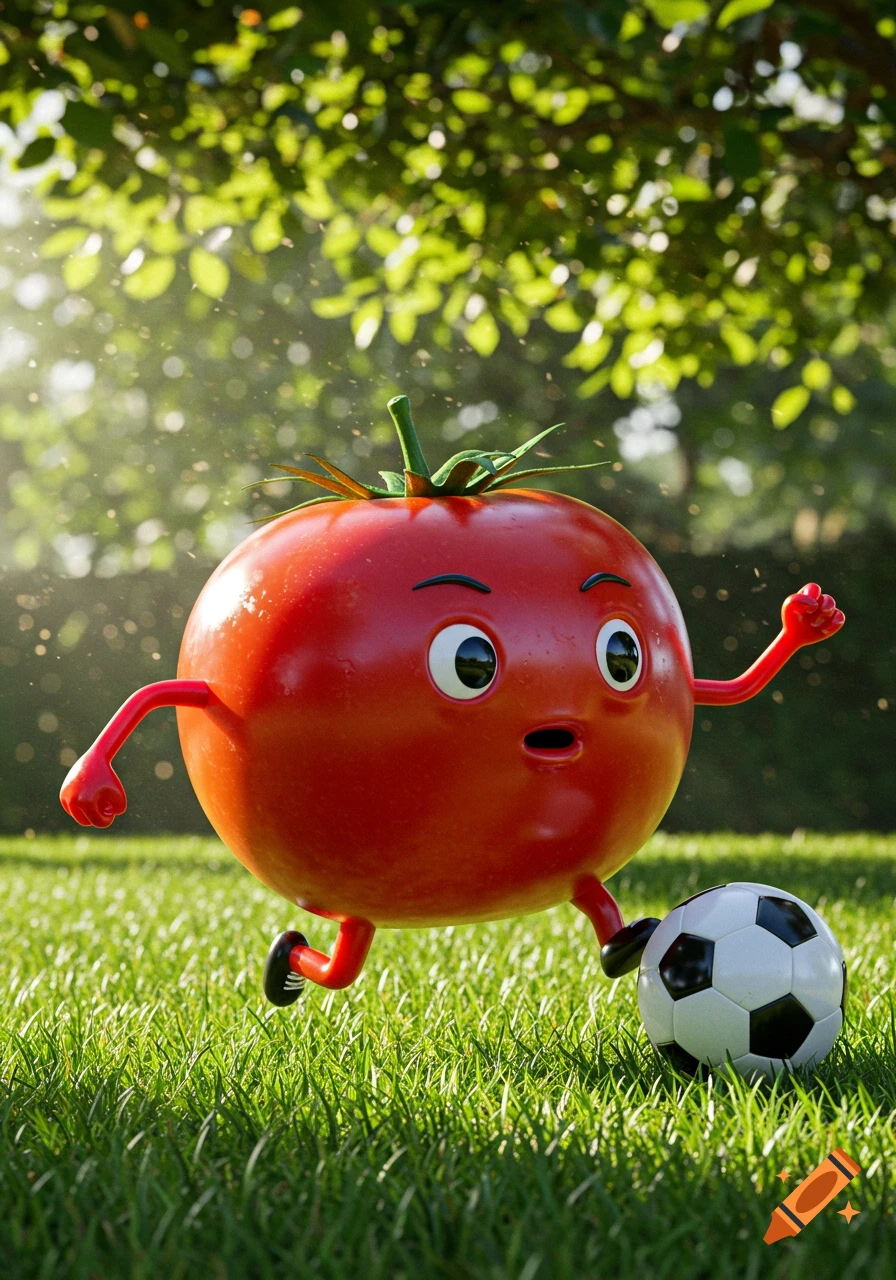 A cartoon red tomato with arms and legs kicks a soccer ball on bright green grass under sunlit trees.