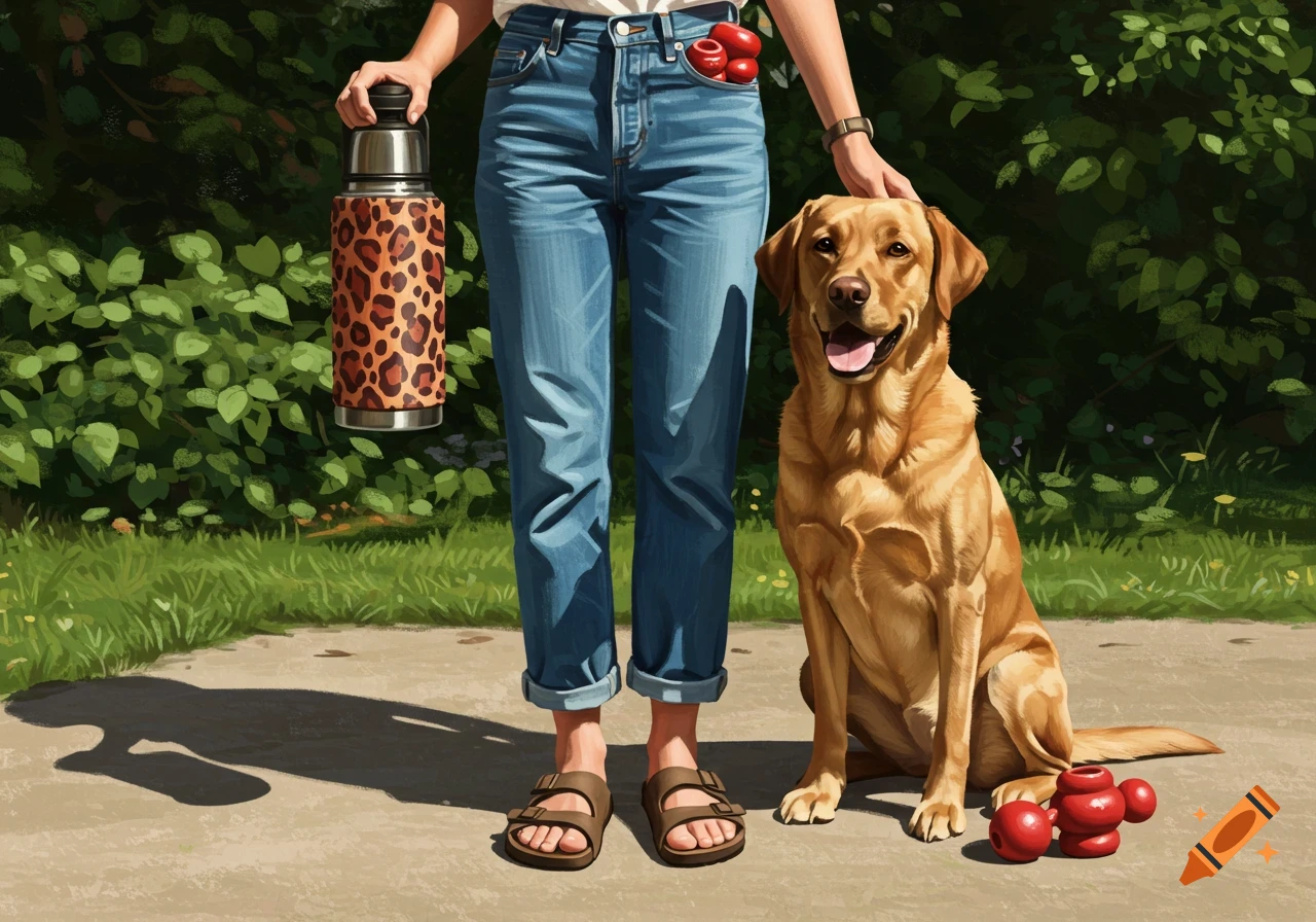 A person in jeans and sandals pets a yellow Labrador on a sunny path, holding a leopard print thermos next to red dog toys. Illustrated style.