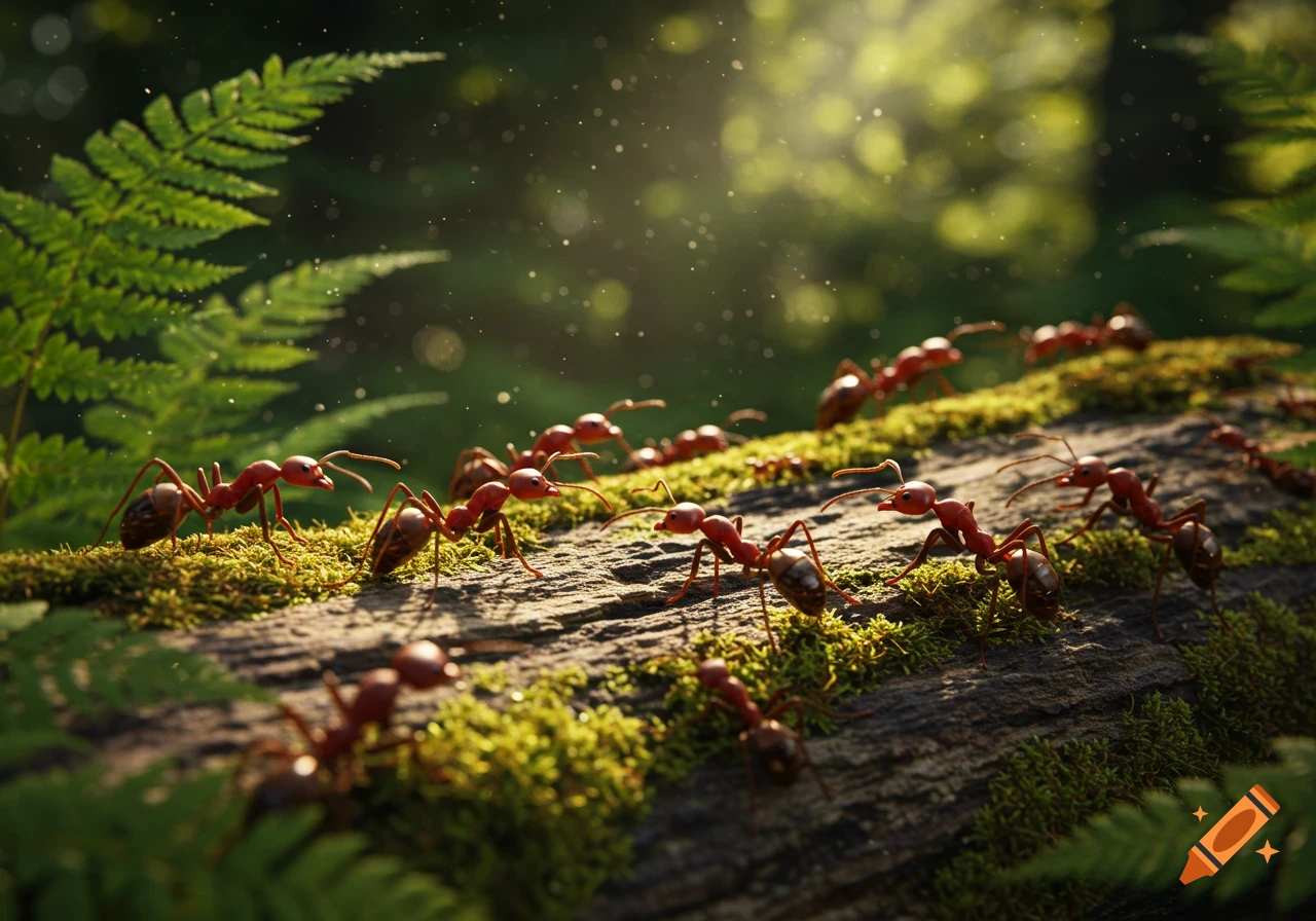 Red fire ants crawl on a mossy log in a sunlit forest, with ferns in the background.