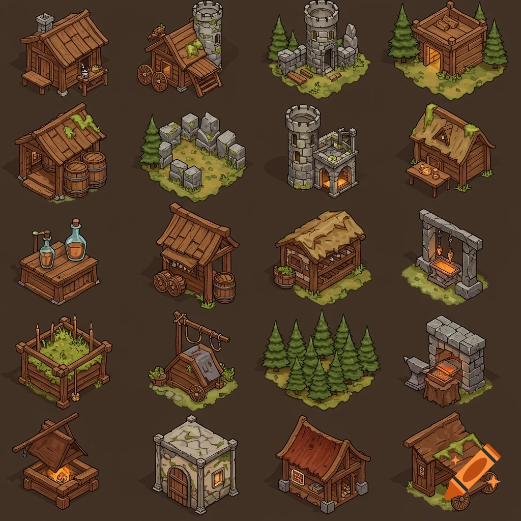 Grid of isometric medieval fantasy building icons and structures in a textured art style, on a dark background.