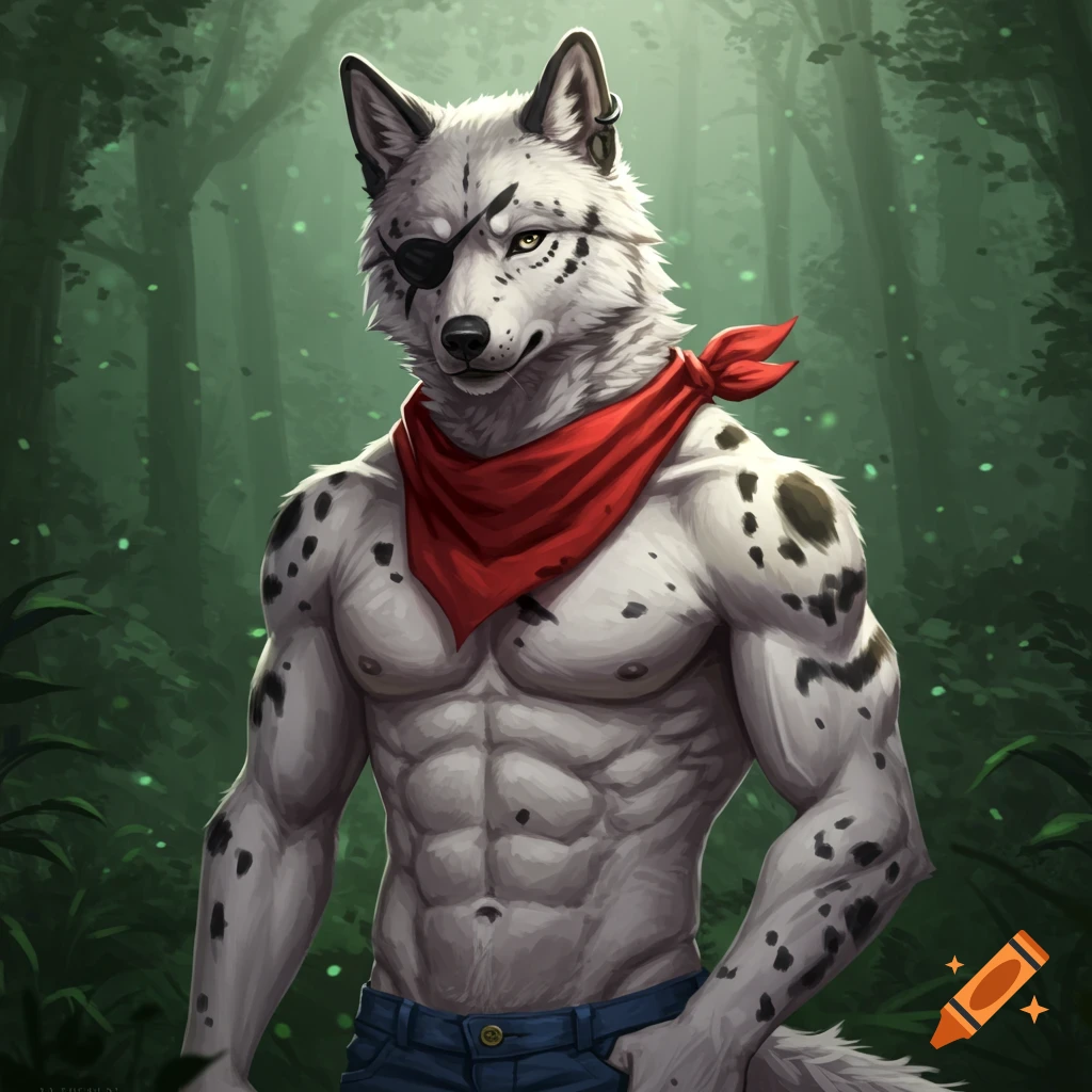 An anthropomorphic spotted white wolf with a muscular torso, red bandana, and eyepatch stands in a green forest.