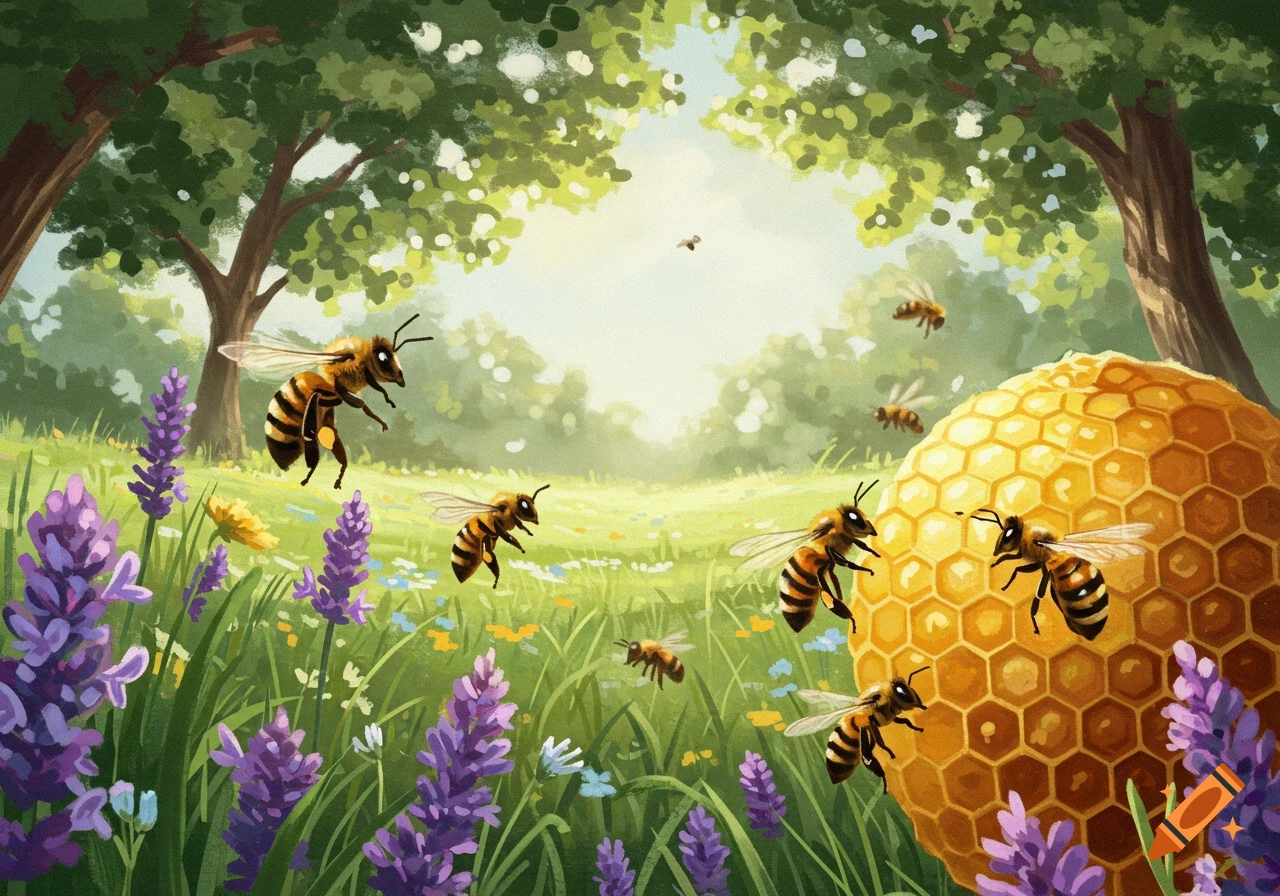 Illustrated scene of honey bees flying around a large honeycomb and purple lavender flowers in a sunny, green field with trees.