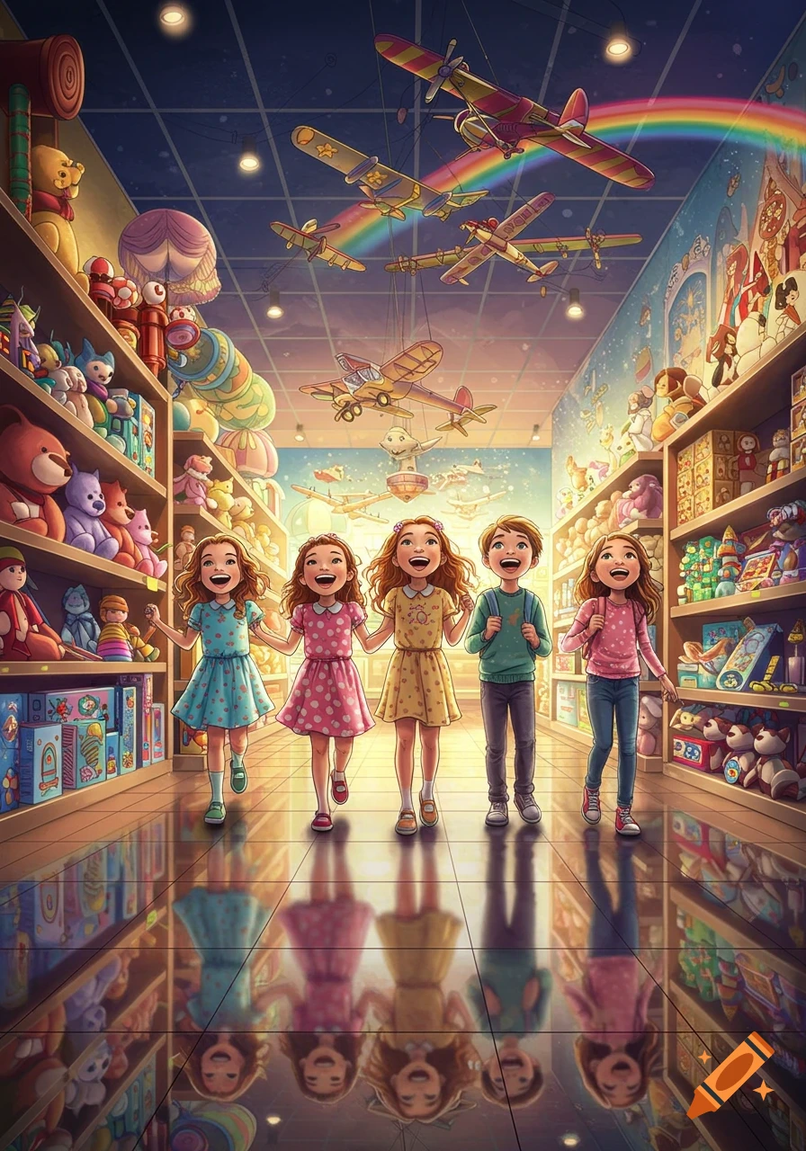 Five cheerful children walk hand-in-hand down an aisle in a vibrant, illustrated toy store, filled with toys and hanging airplanes.
