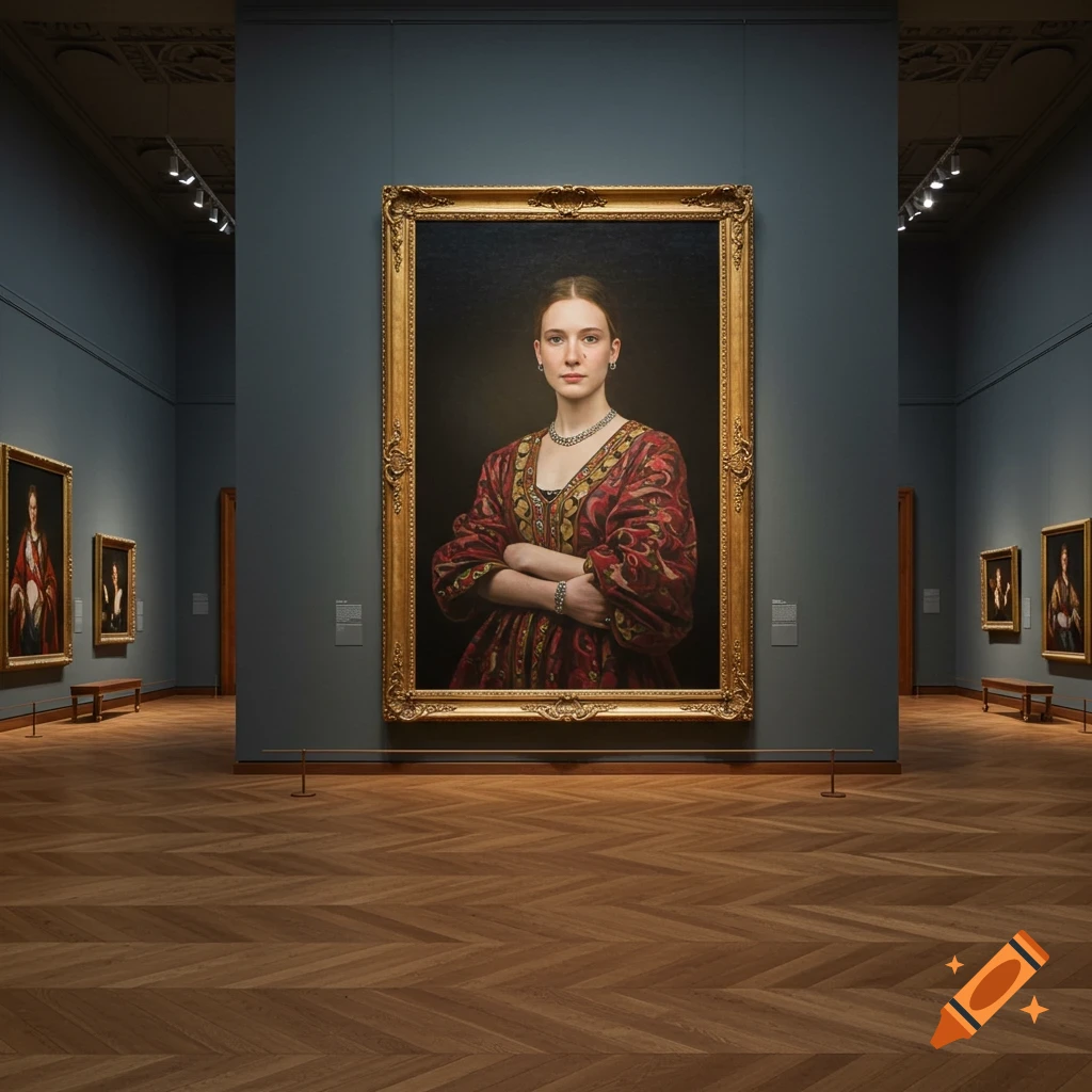 A large photorealistic portrait painting of a young woman in a red and gold dress hangs in an empty art museum hall.
