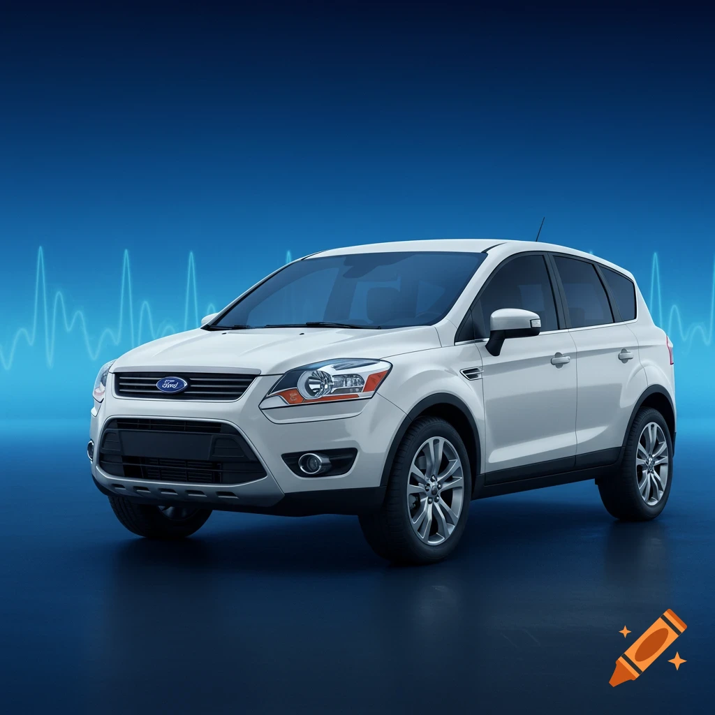 White Ford Kuga SUV in a photorealistic style against a blue background with a light blue waveform.