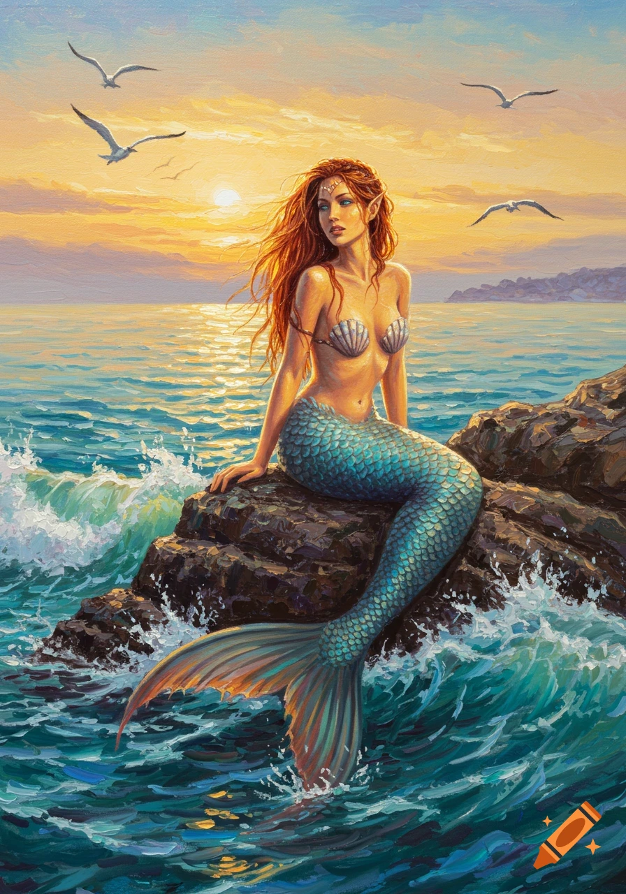 A red-haired mermaid with a blue tail and shell bra sits on ocean rocks as waves crash around her during a golden sunset, in an oil painting style.