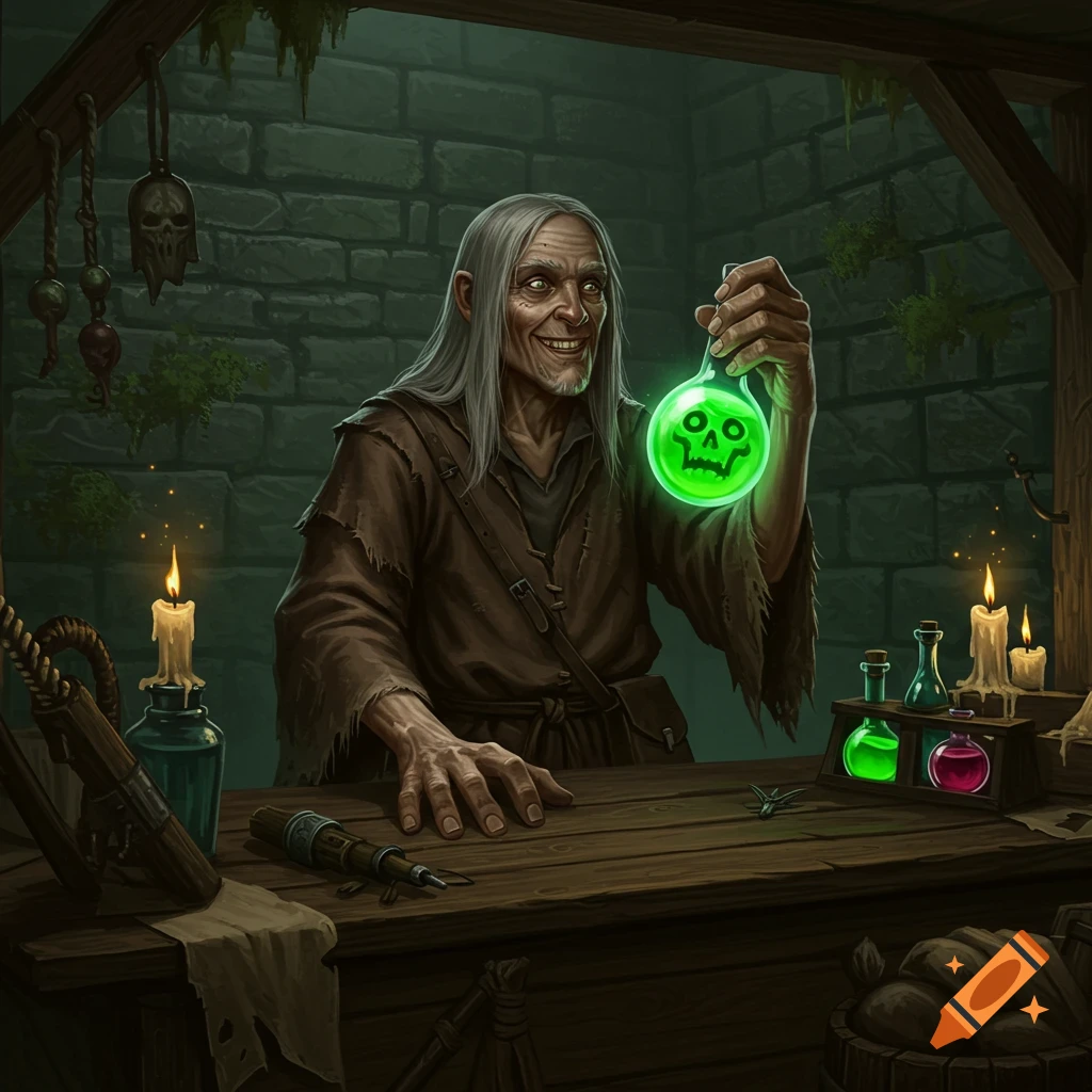 An old man with long grey hair and an evil grin behind a wooden counter, holding a glowing green potion with a skull symbol. Fantasy art style.