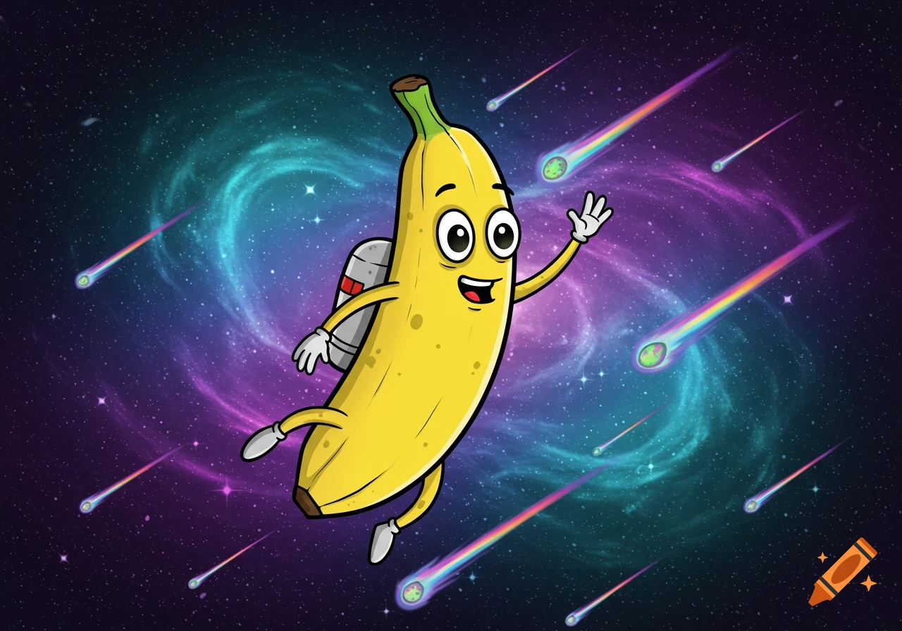 A cheerful cartoon banana character with a jetpack flies and waves in colorful outer space with meteors.