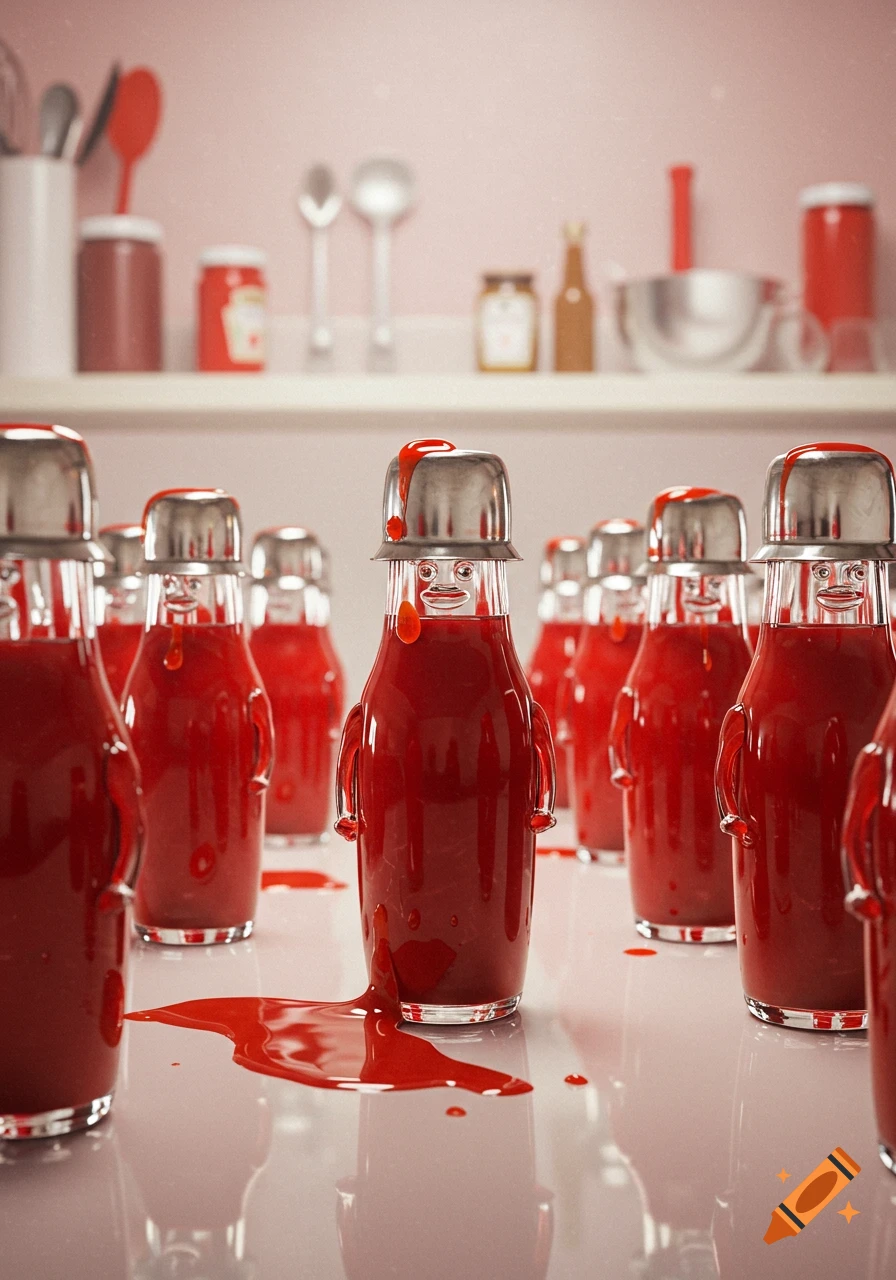Anthropomorphic ketchup bottles with metal caps stand on a reflective kitchen counter, some spilling ketchup.
