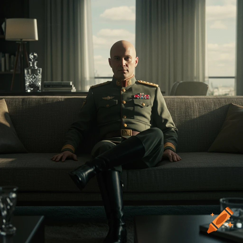 Photorealistic portrait of a bald man in a military-style uniform sitting on a sofa in a modern room.