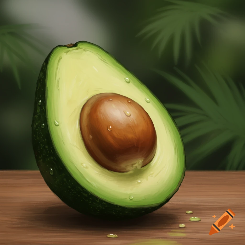 A vibrant, halved avocado with a large pit, covered in water droplets, sits on a wooden surface against a blurred green background.