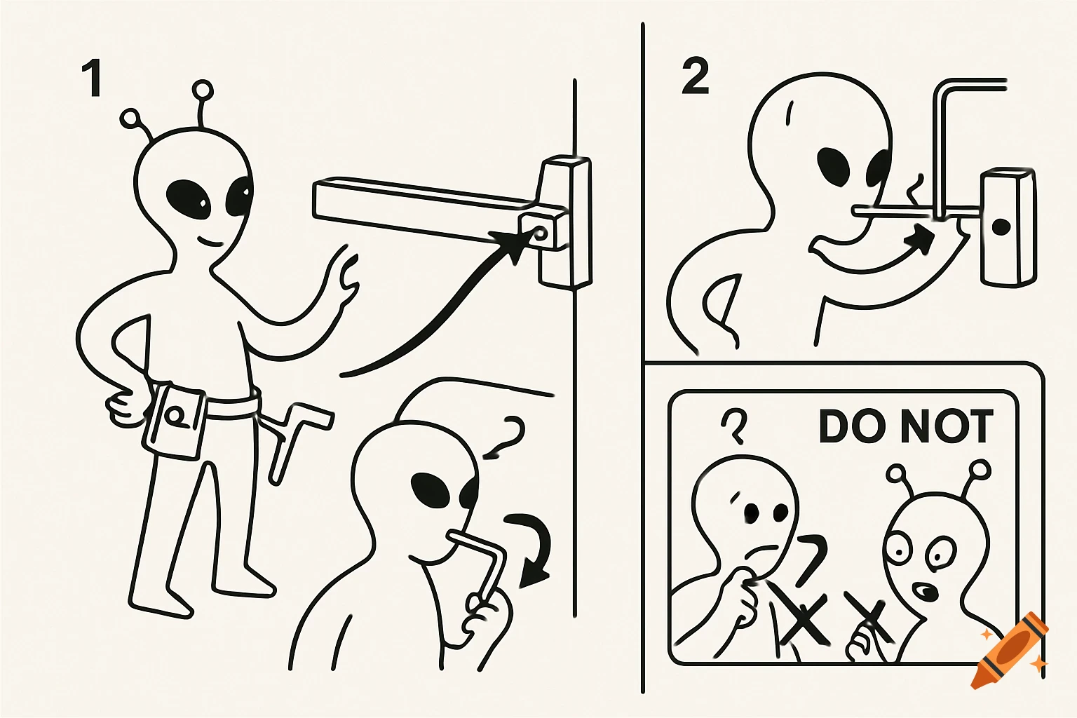 A black-and-white IKEA-style instruction manual shows a cartoon alien demonstrating how to lock a panic bar with an Allen key, with a warning panel.