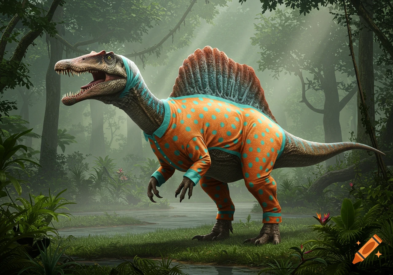 A Spinosaurus wearing orange and blue polka dot pajamas stands in a misty, lush jungle with water.
