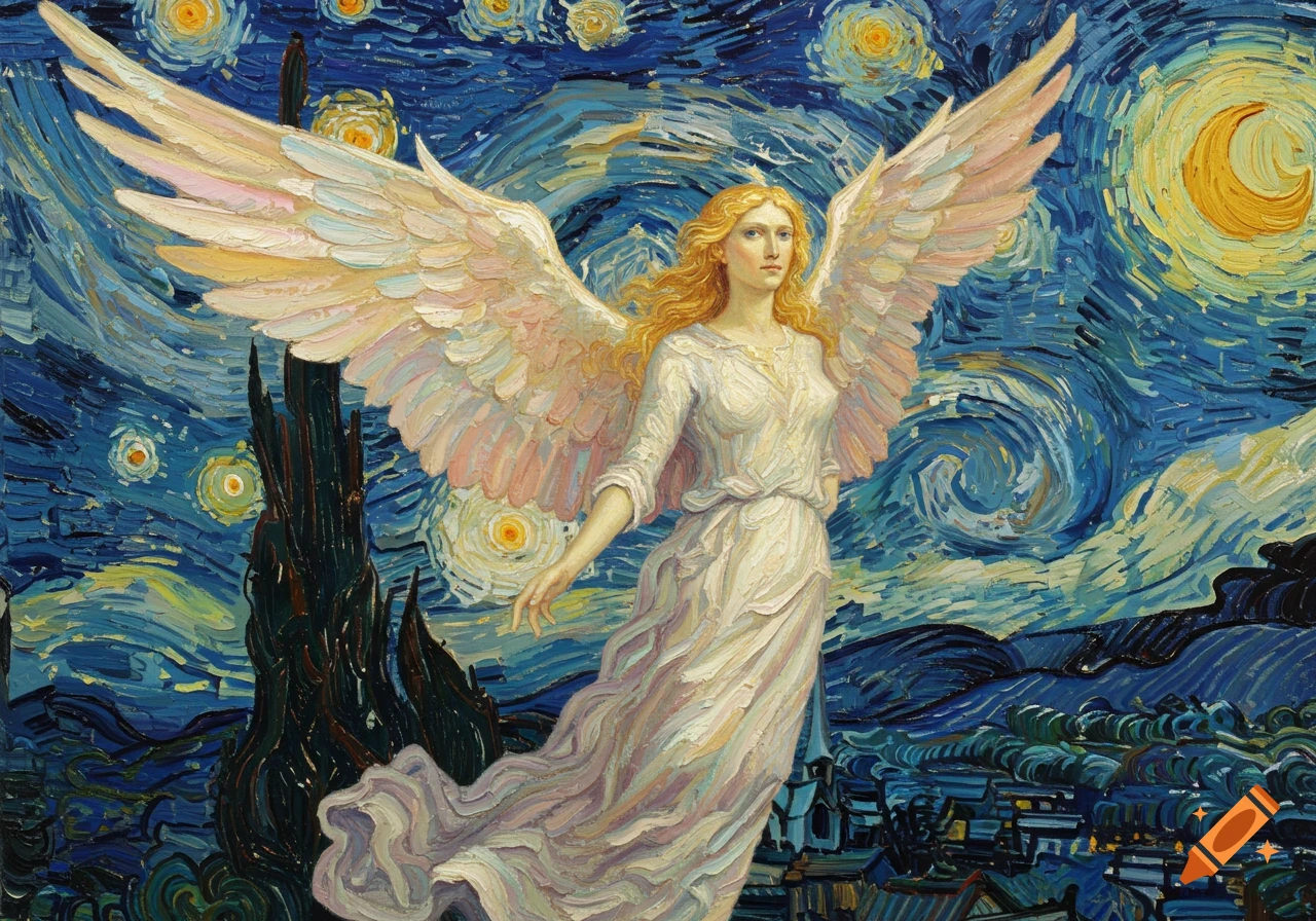 A female angel with long blonde hair and large, light-colored wings floats against a swirling blue and yellow starry night sky in the style of Van Gogh.