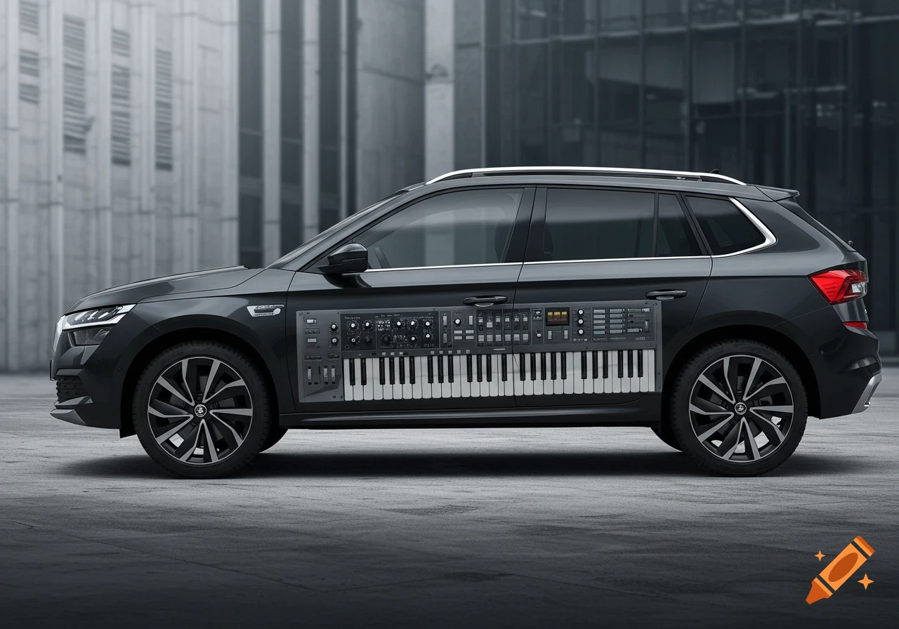 A black Skoda Kamiq SUV with a synthesizer keyboard and control panel graphic overlayed on its side doors, parked in front of a modern building.