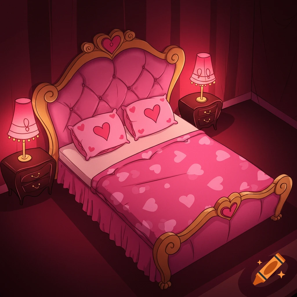 Cartoony pink bed with gold trim, heart-patterned bedding, and two nightstands with lamps.