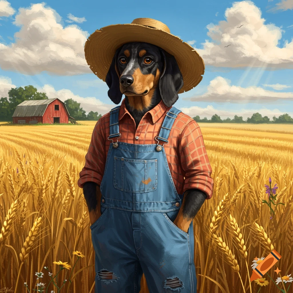 An anthropomorphic black and brown dog in a straw hat, plaid shirt, and overalls stands in a sunny wheat field with a red barn.