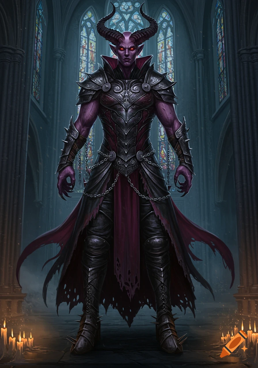 A formidable purple-skinned demon with large horns, glowing red eyes, and dark, spiked armor stands in a gothic cathedral.