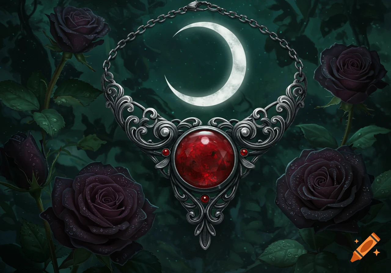 A detailed silver gothic necklace with a large red faceted gem, surrounded by dark black roses and a glowing crescent moon.