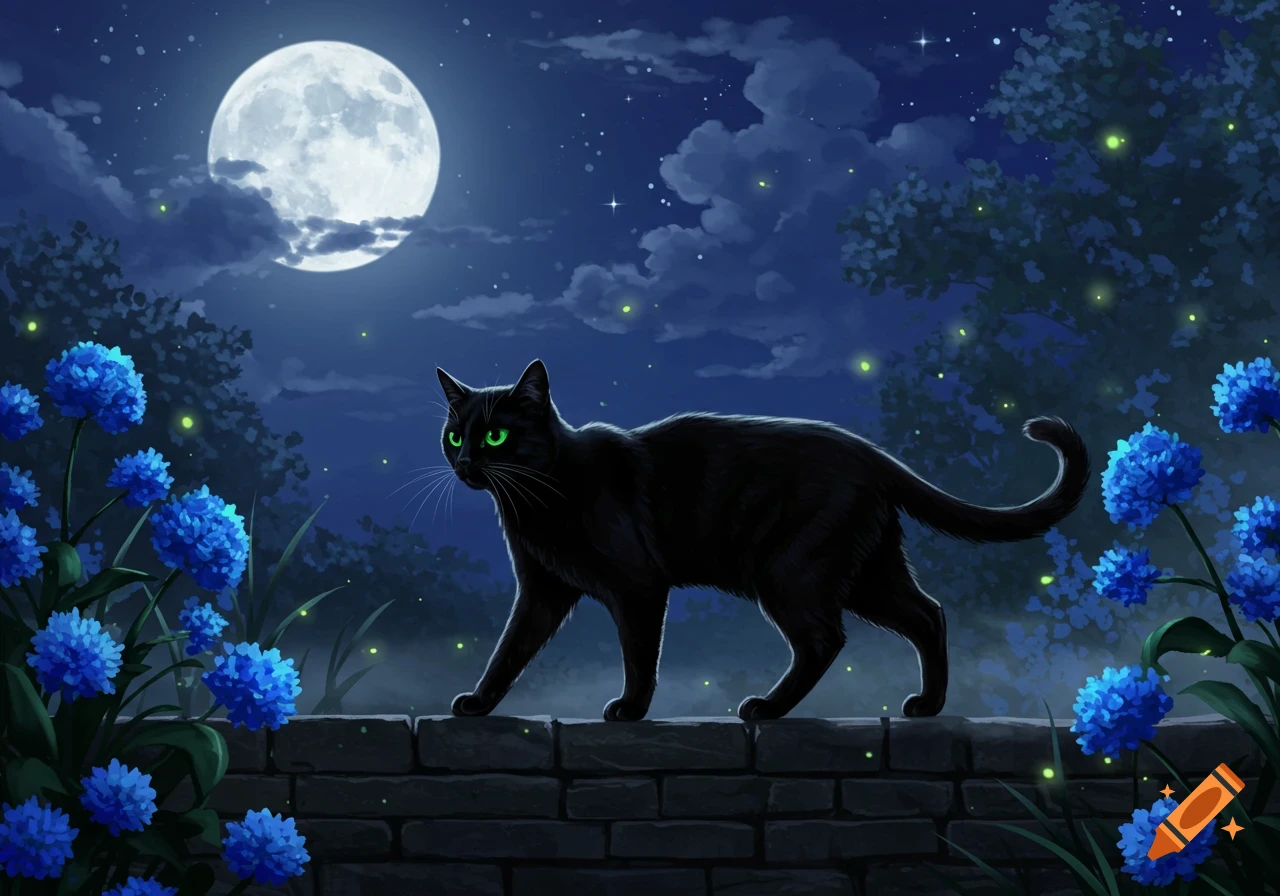A black cat with glowing green eyes walks on a stone wall at night under a full moon, surrounded by blue flowers and fireflies.