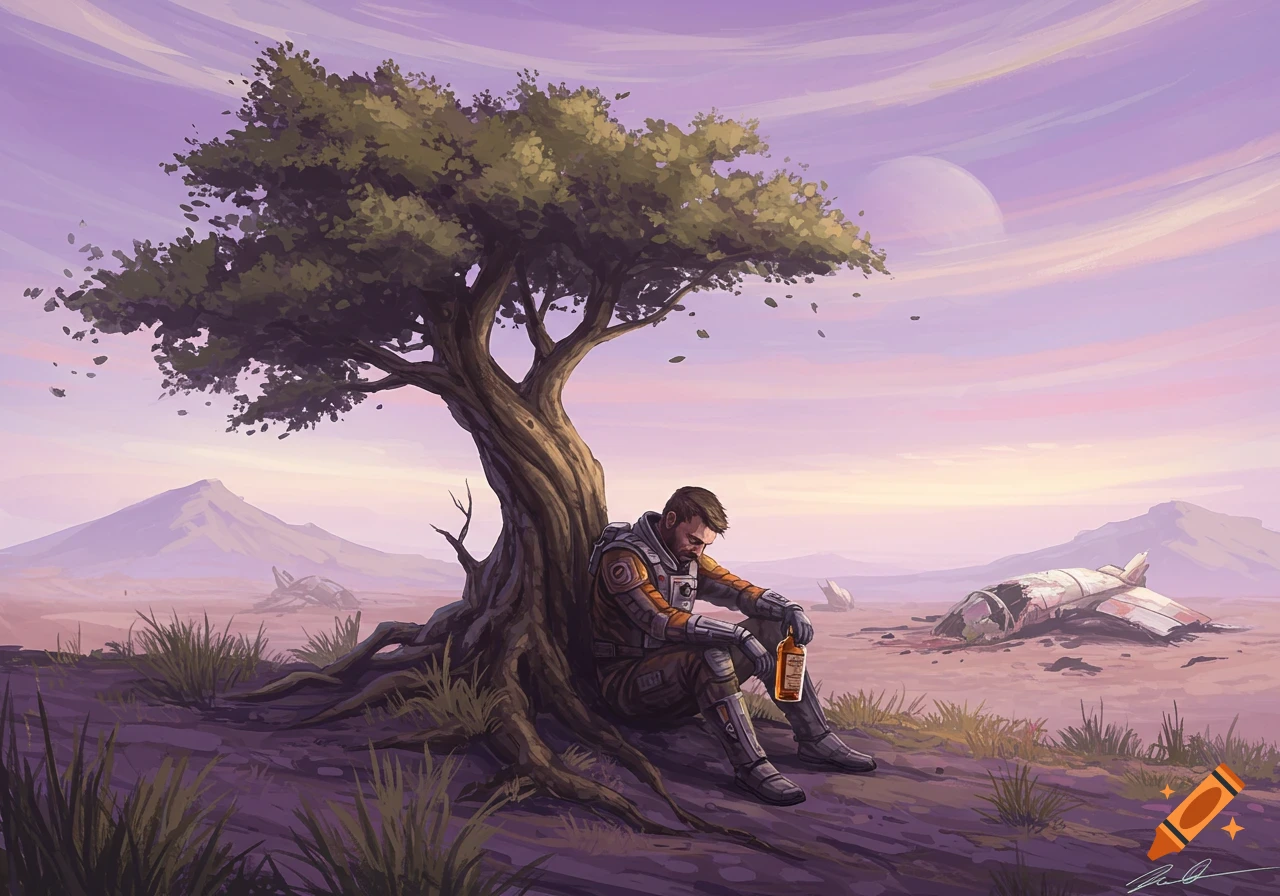 An illustrated lonely astronaut sits under a gnarled tree with a whisky bottle on a purple alien planet next to a crashed spaceship.