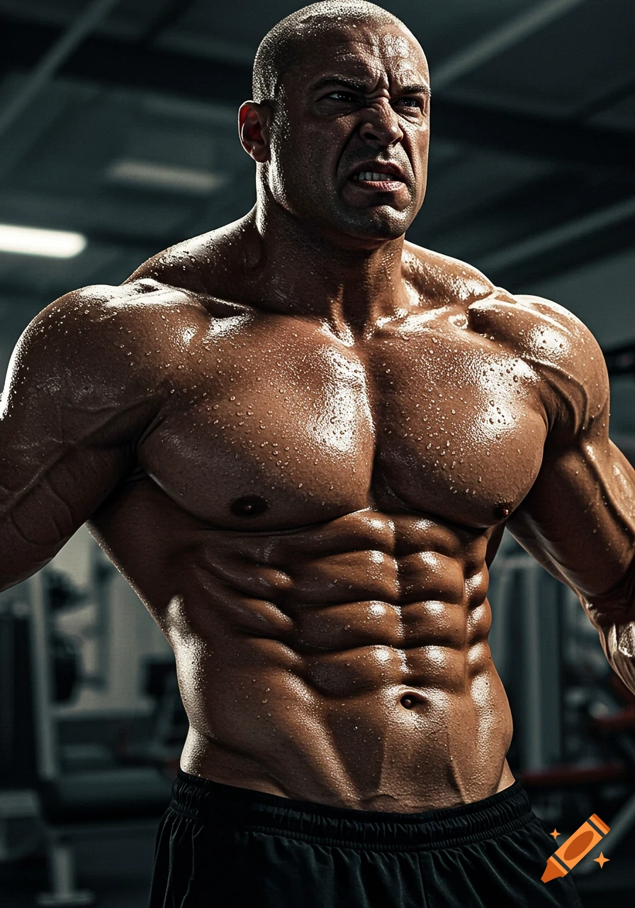 A photorealistic image of a very muscular, sweaty bodybuilder with an intense expression, wearing shorts in a gym.