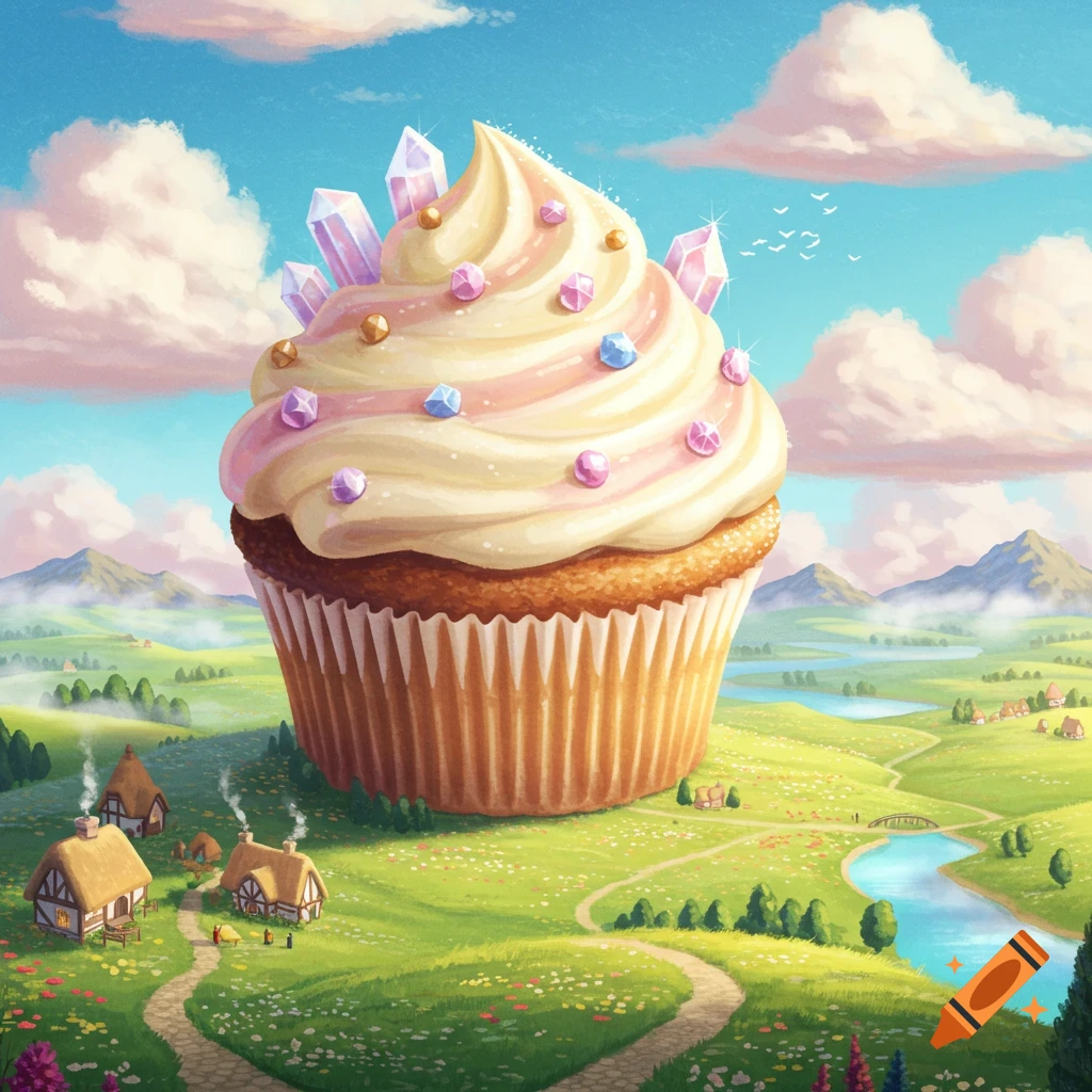 Giant cupcake with frosting and colorful crystal candies sits in a whimsical green valley with small villages, rivers, and mountains under a blue sky.
