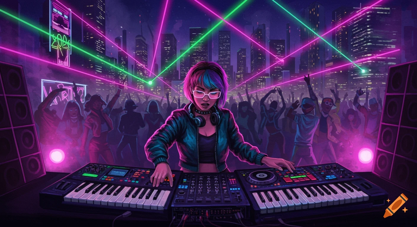 A female DJ with colorful hair and headphones plays a synthesizer at a vibrant 90s rave party with a large crowd, neon lasers, and a cyberpunk cityscape in the background.
