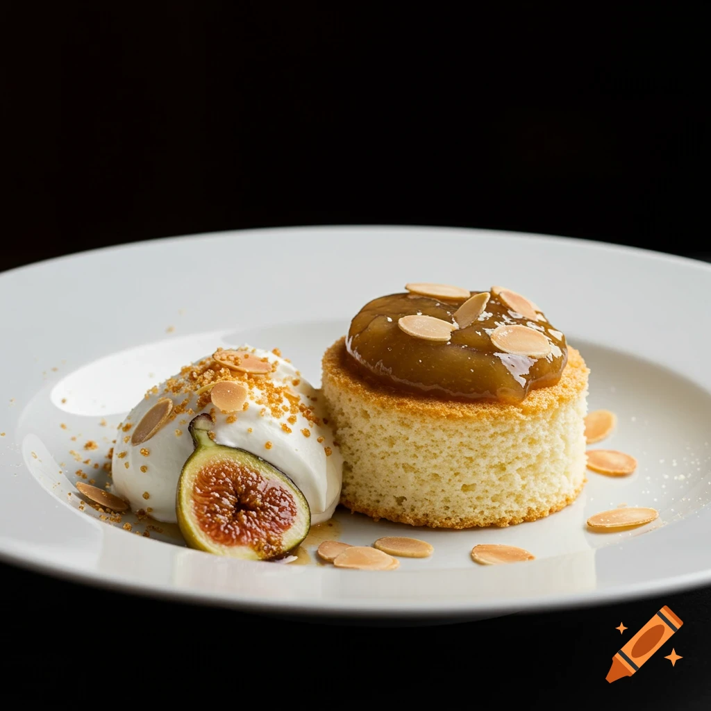 A gourmet dessert featuring a small cake with fig preserve, whipped cream, a fig half, and almonds on a white plate.