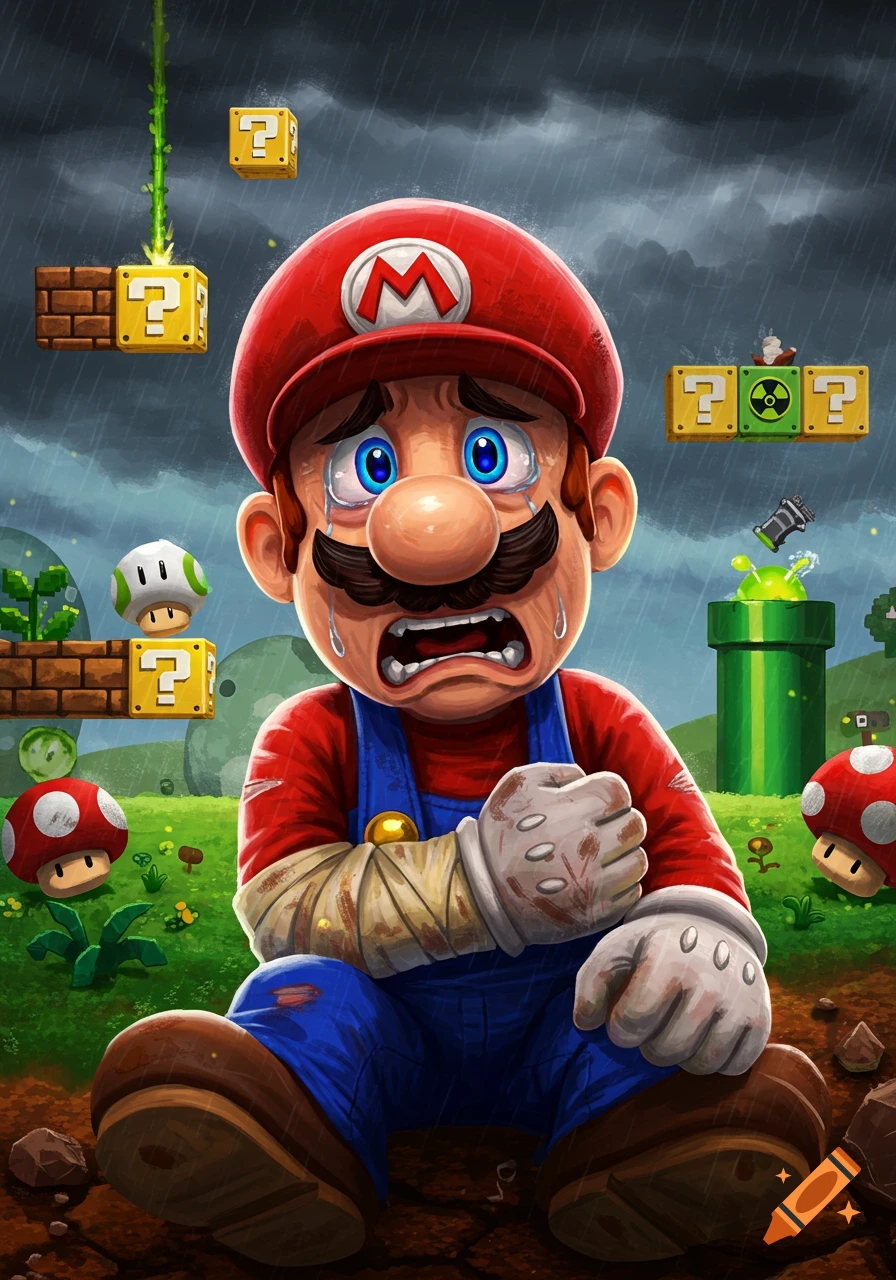 Cartoon illustration of a sad, injured Mario sitting in the rain amidst Super Mario game elements like question blocks and pipes.